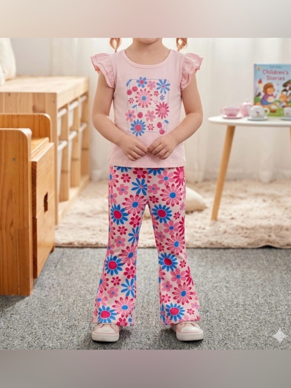 Girls' Pink Floral ,Soft Short Sleeve Top & Flared Pants
